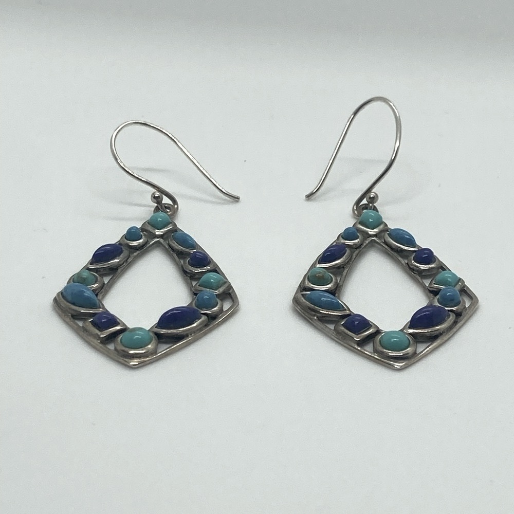 Vtg 925 Sterling Silver & Multi Colour Blue Turqouise Dangle Earrings | 2.2” - Picture 6 of 13